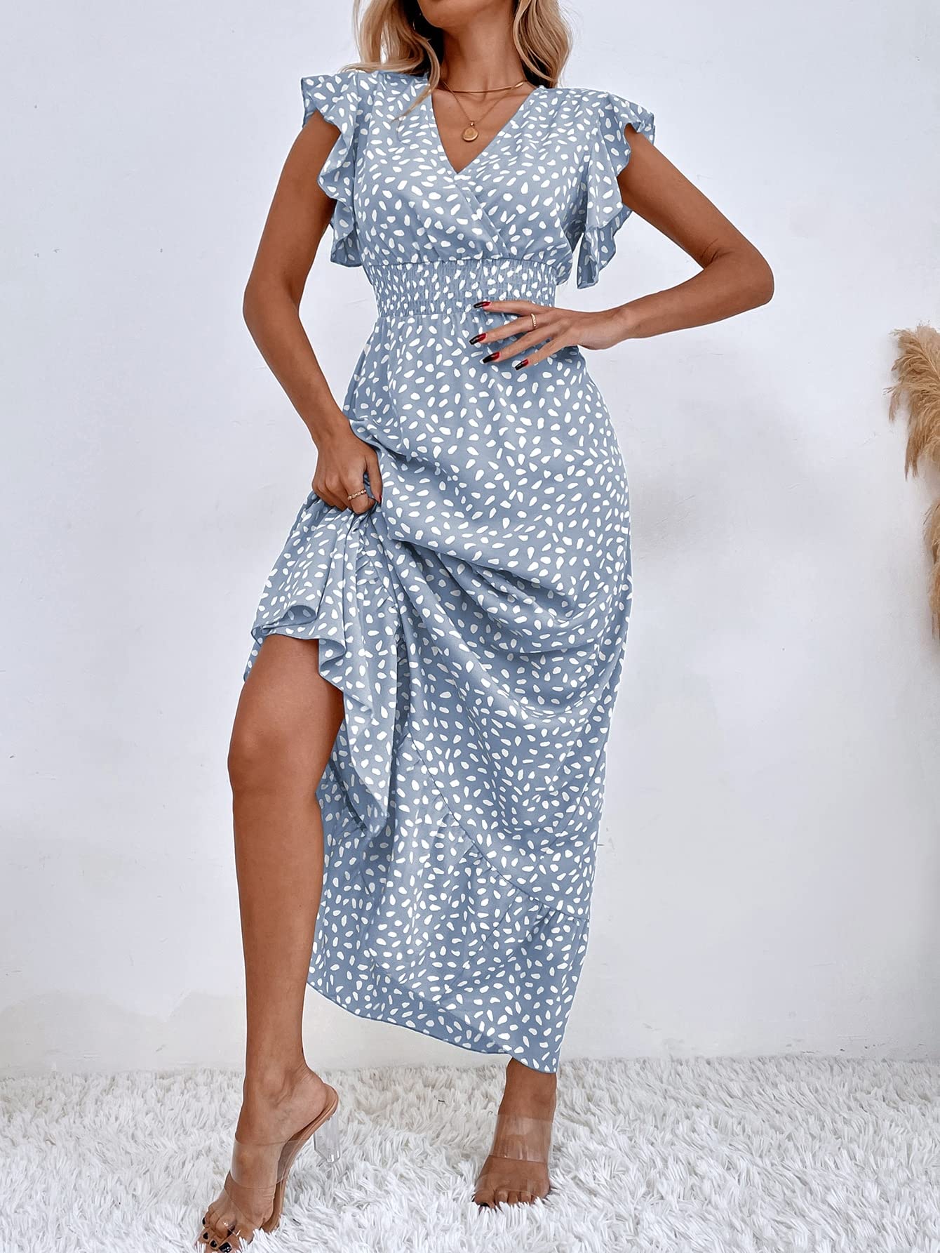 Bedrucktes Maxikleid mit Rüschenärmeln und V-Ausschnitt