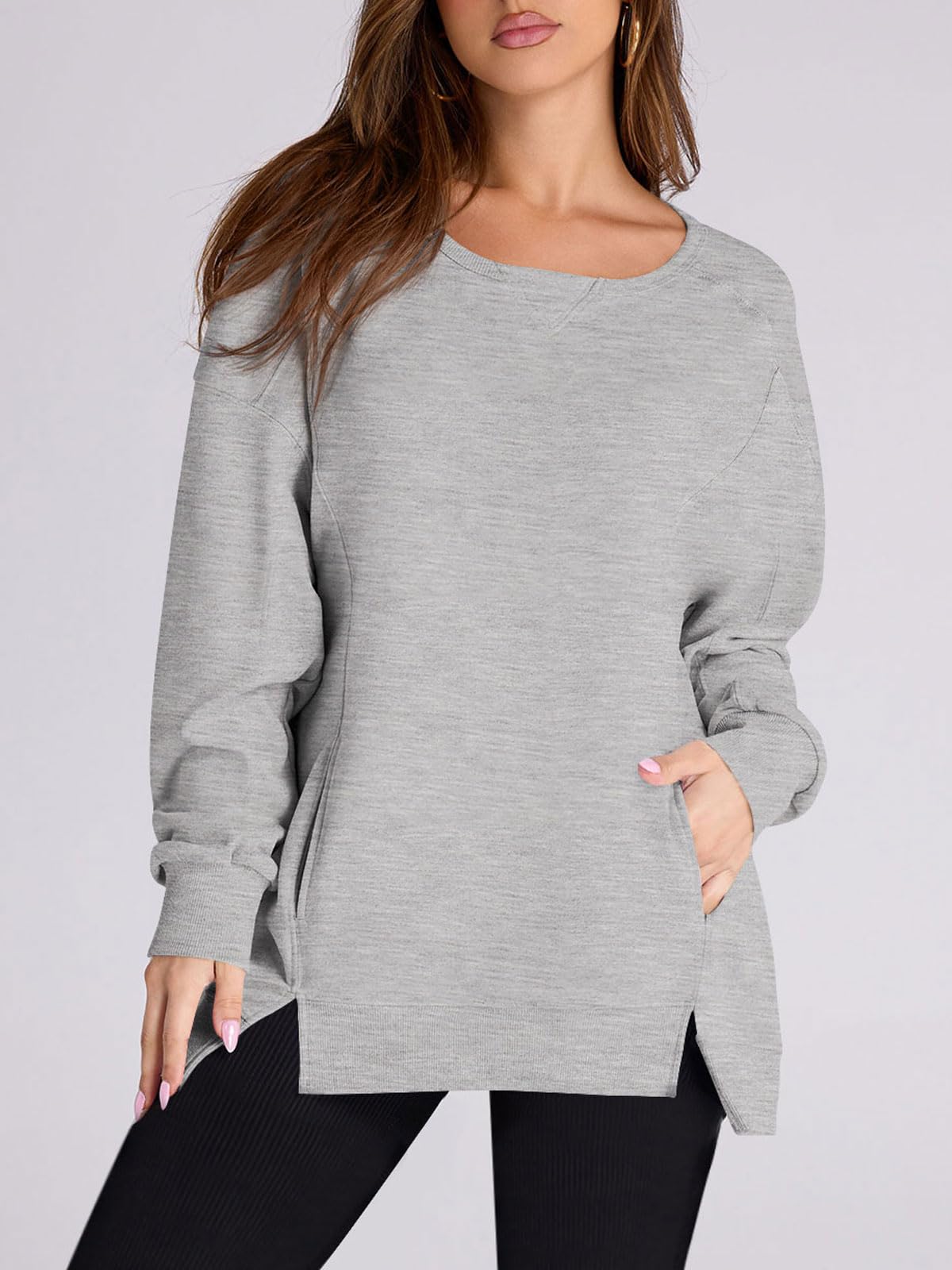 Damen High Low Pullover Sweatshirt mit Seitenschlitzen und Taschen (2 kaufen, kostenloser Versand)