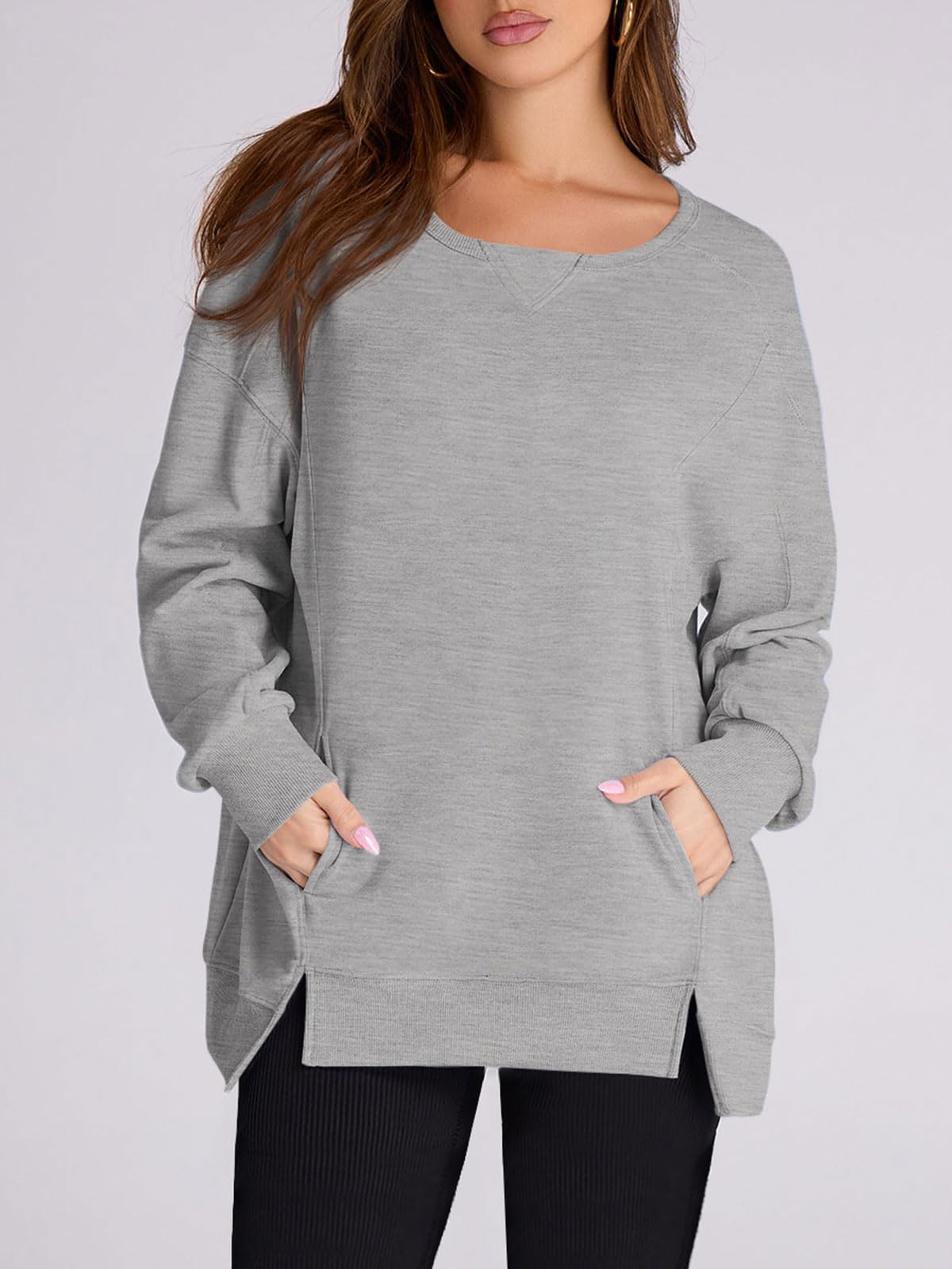 Damen High Low Pullover Sweatshirt mit Seitenschlitzen und Taschen (2 kaufen, kostenloser Versand)