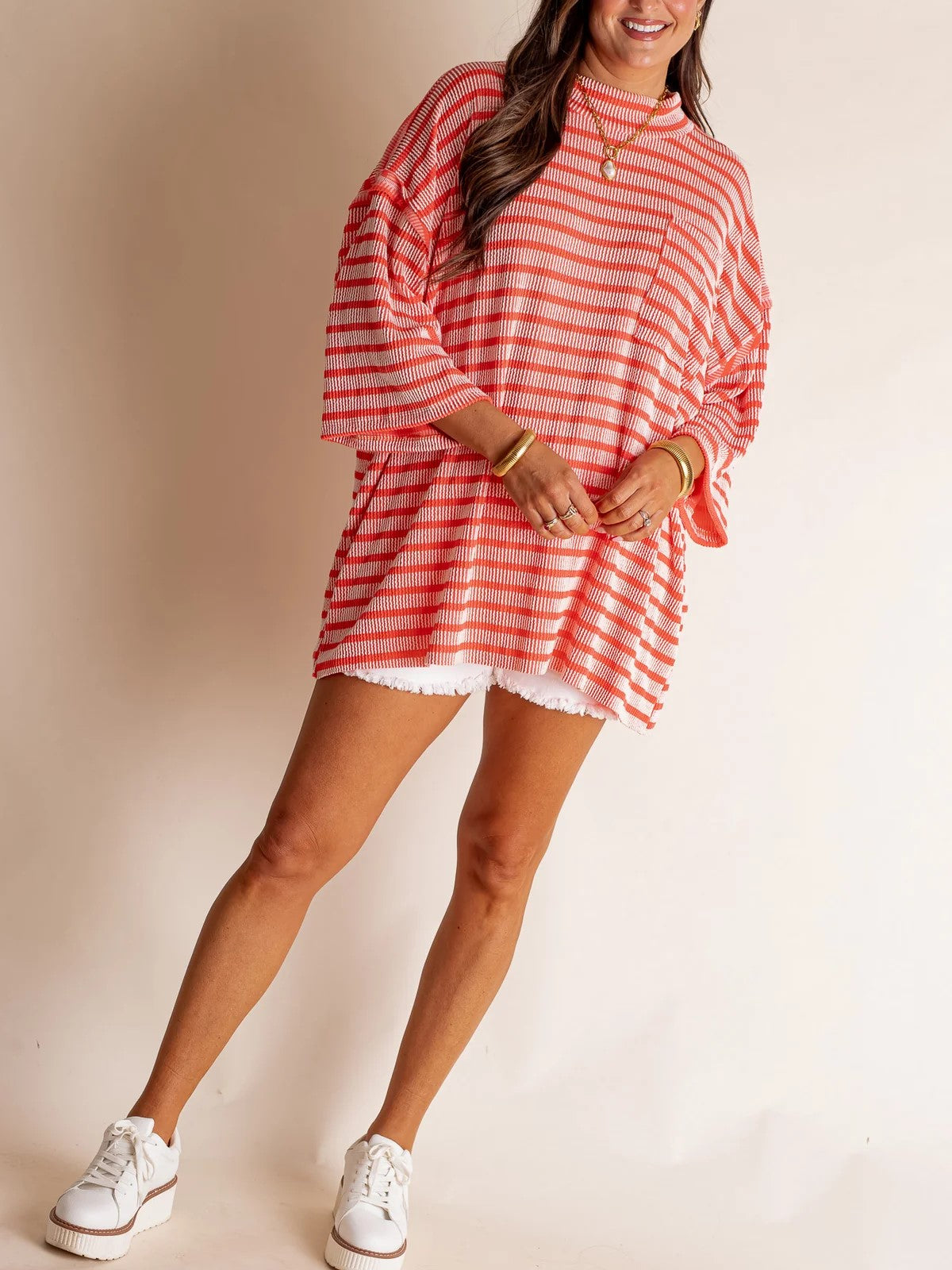 Damen Oversized Stehkragen Urban Geripptes Gestreiftes Oberteil (Kaufe 2 versandkostenfrei)