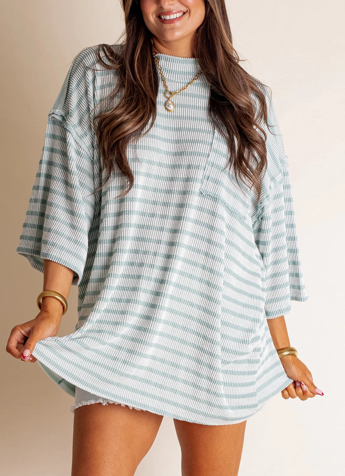 Damen Oversized Stehkragen Urban Geripptes Gestreiftes Oberteil (Kaufe 2 versandkostenfrei)