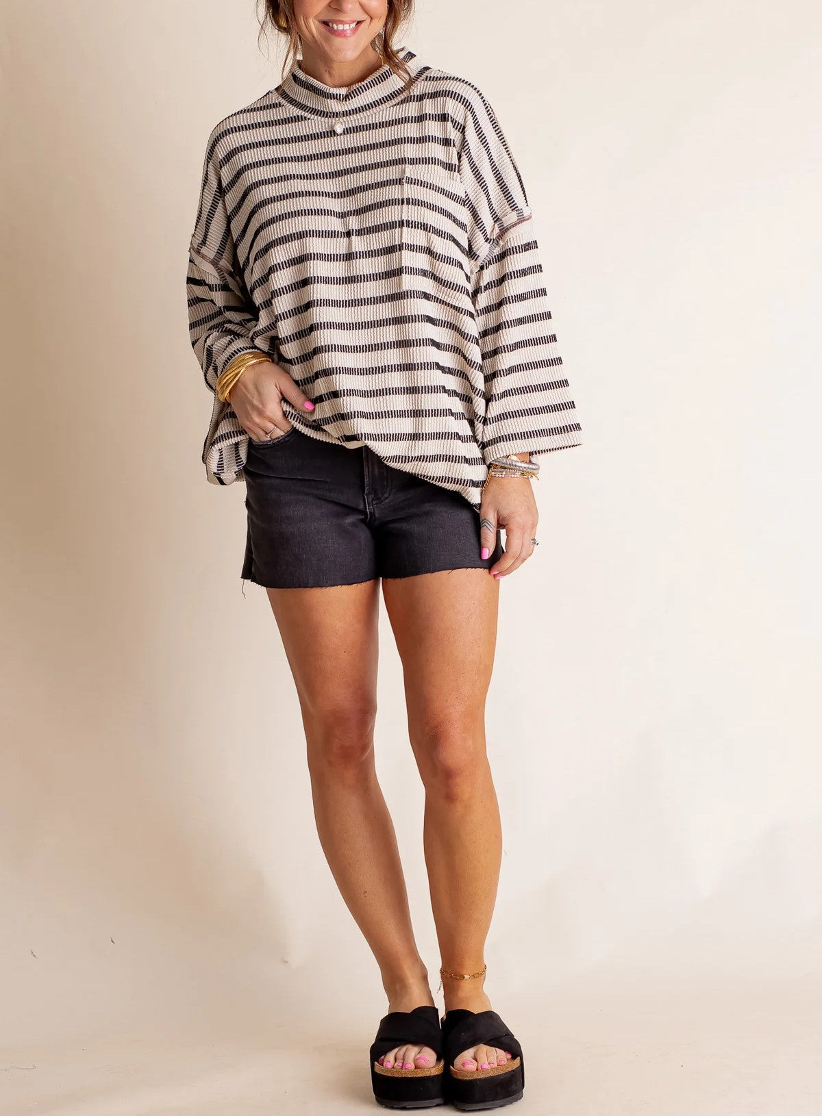 Damen Oversized Stehkragen Urban Geripptes Gestreiftes Oberteil (Kaufe 2 versandkostenfrei)