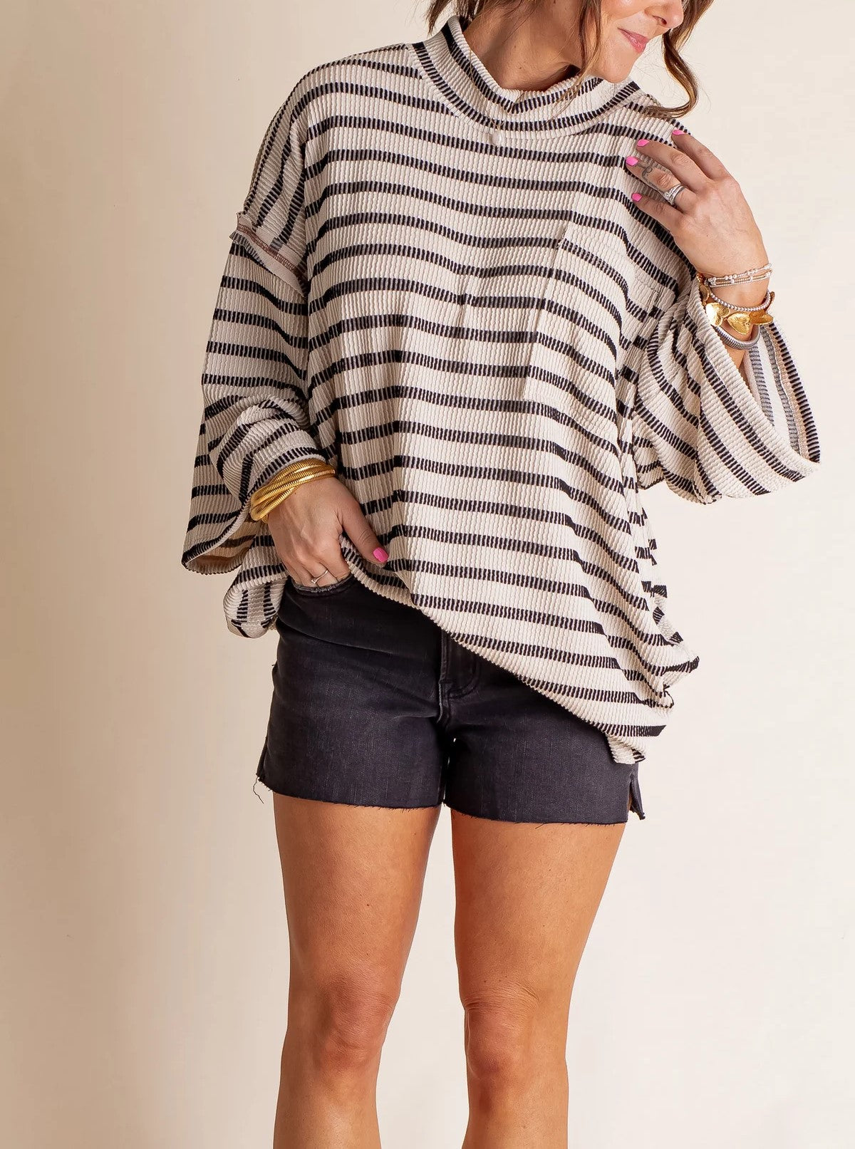 Damen Oversized Stehkragen Urban Geripptes Gestreiftes Oberteil (Kaufe 2 versandkostenfrei)