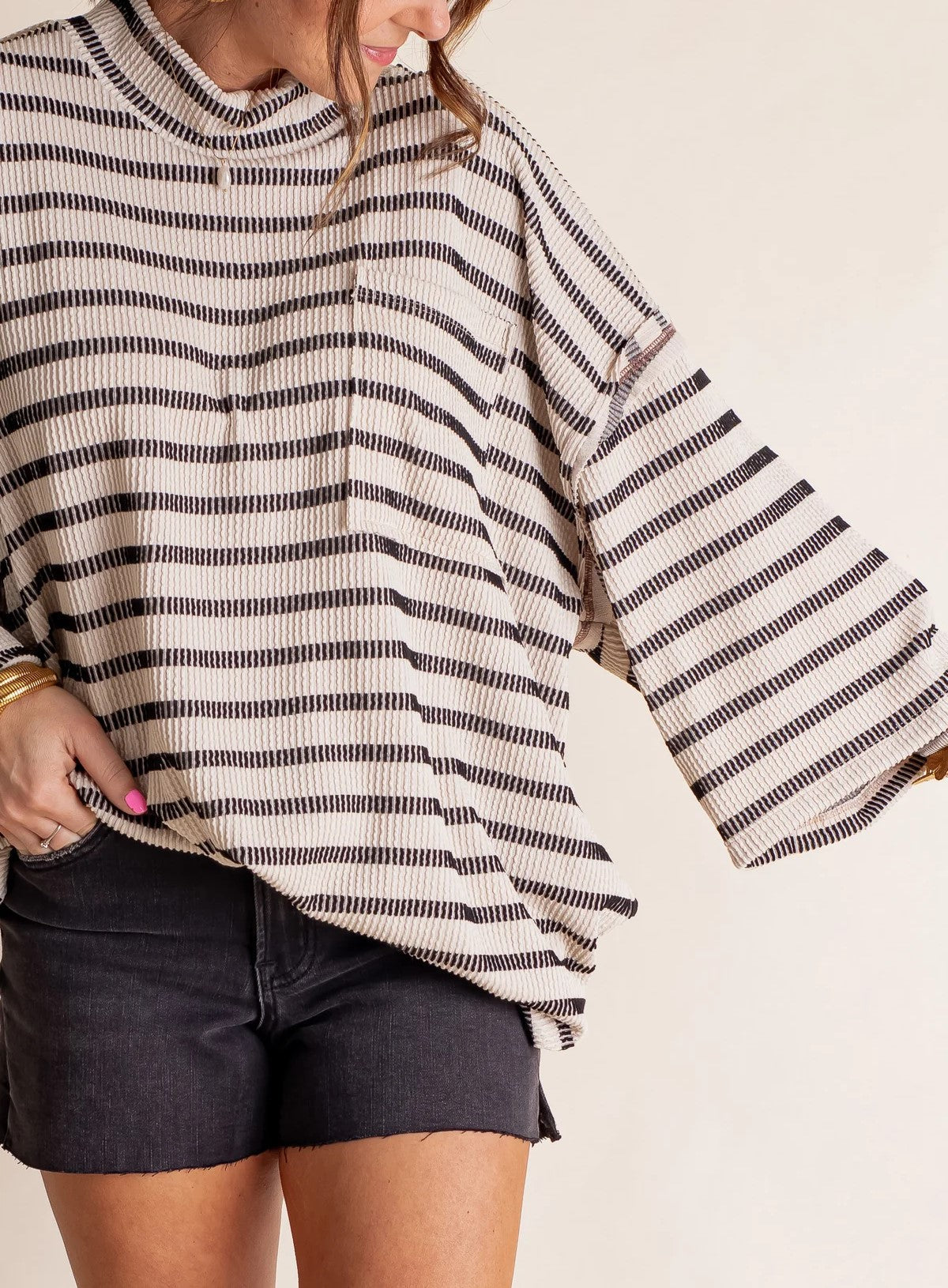 Damen Oversized Stehkragen Urban Geripptes Gestreiftes Oberteil (Kaufe 2 versandkostenfrei)