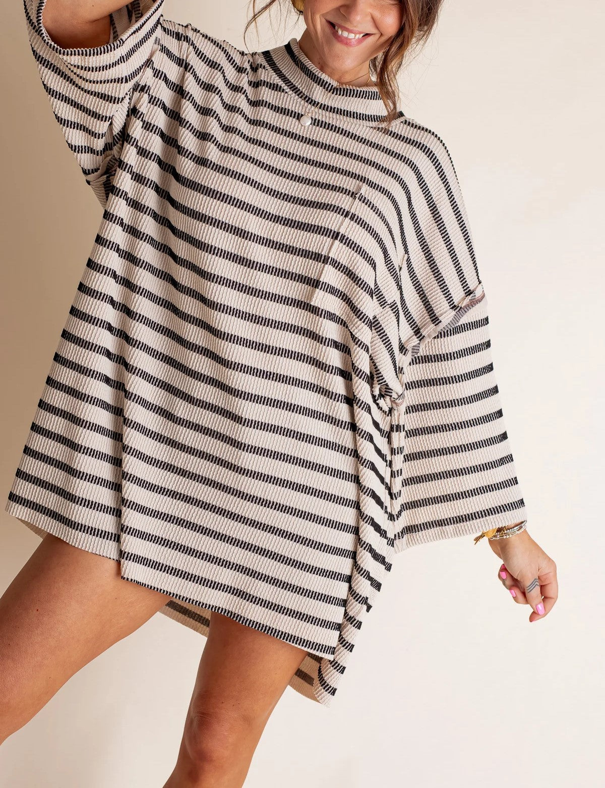 Damen Oversized Stehkragen Urban Geripptes Gestreiftes Oberteil (Kaufe 2 versandkostenfrei)