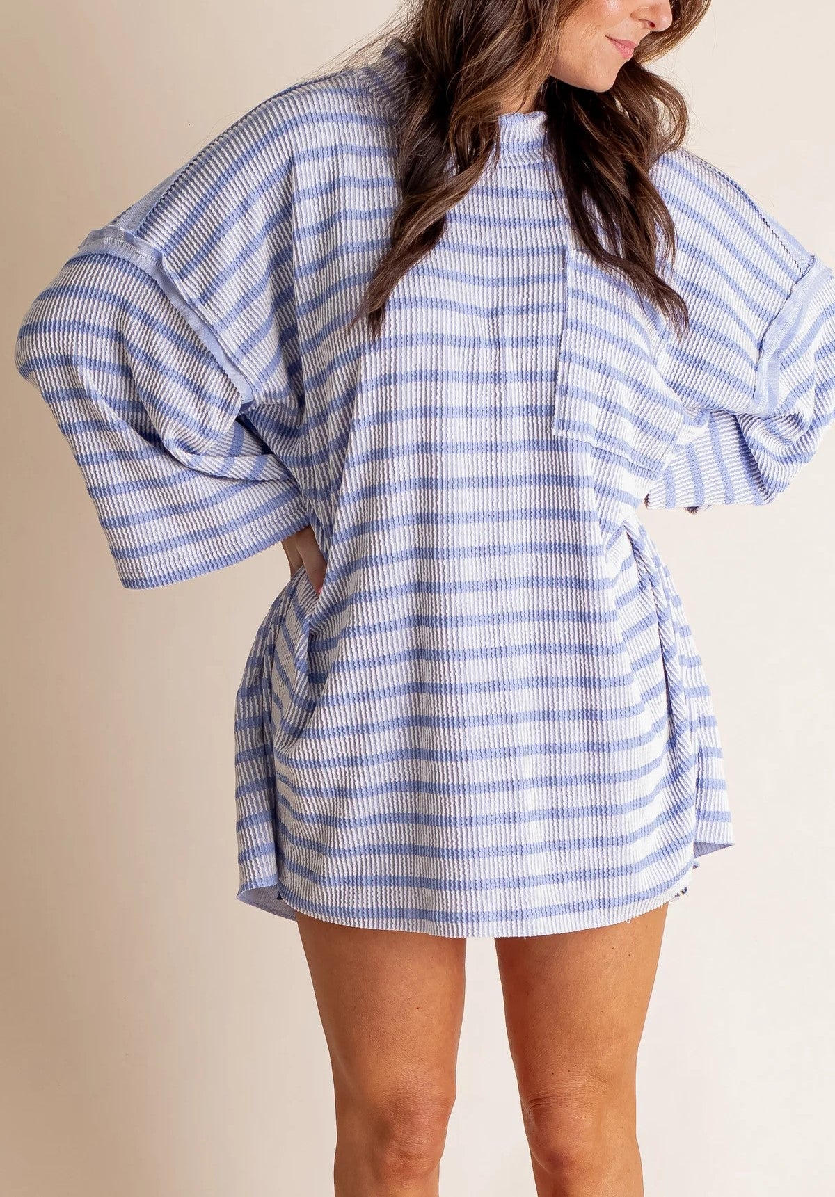 Damen Oversized Stehkragen Urban Geripptes Gestreiftes Oberteil (Kaufe 2 versandkostenfrei)