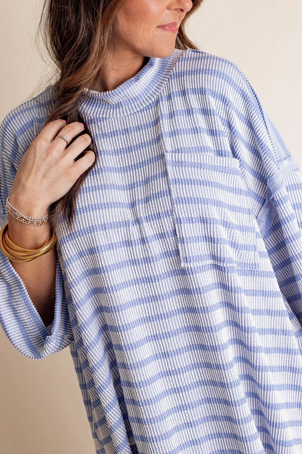 Damen Oversized Stehkragen Urban Geripptes Gestreiftes Oberteil (Kaufe 2 versandkostenfrei)