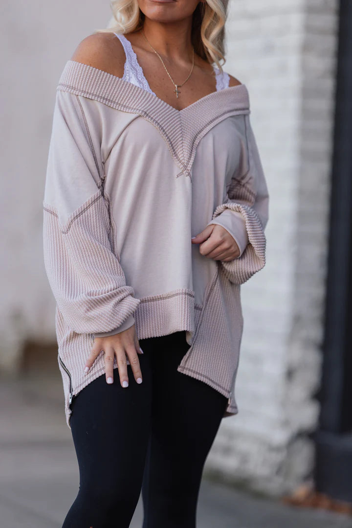 Damen V-Ausschnitt Lose Langarmshirt (2 kaufen, kostenloser Versand)