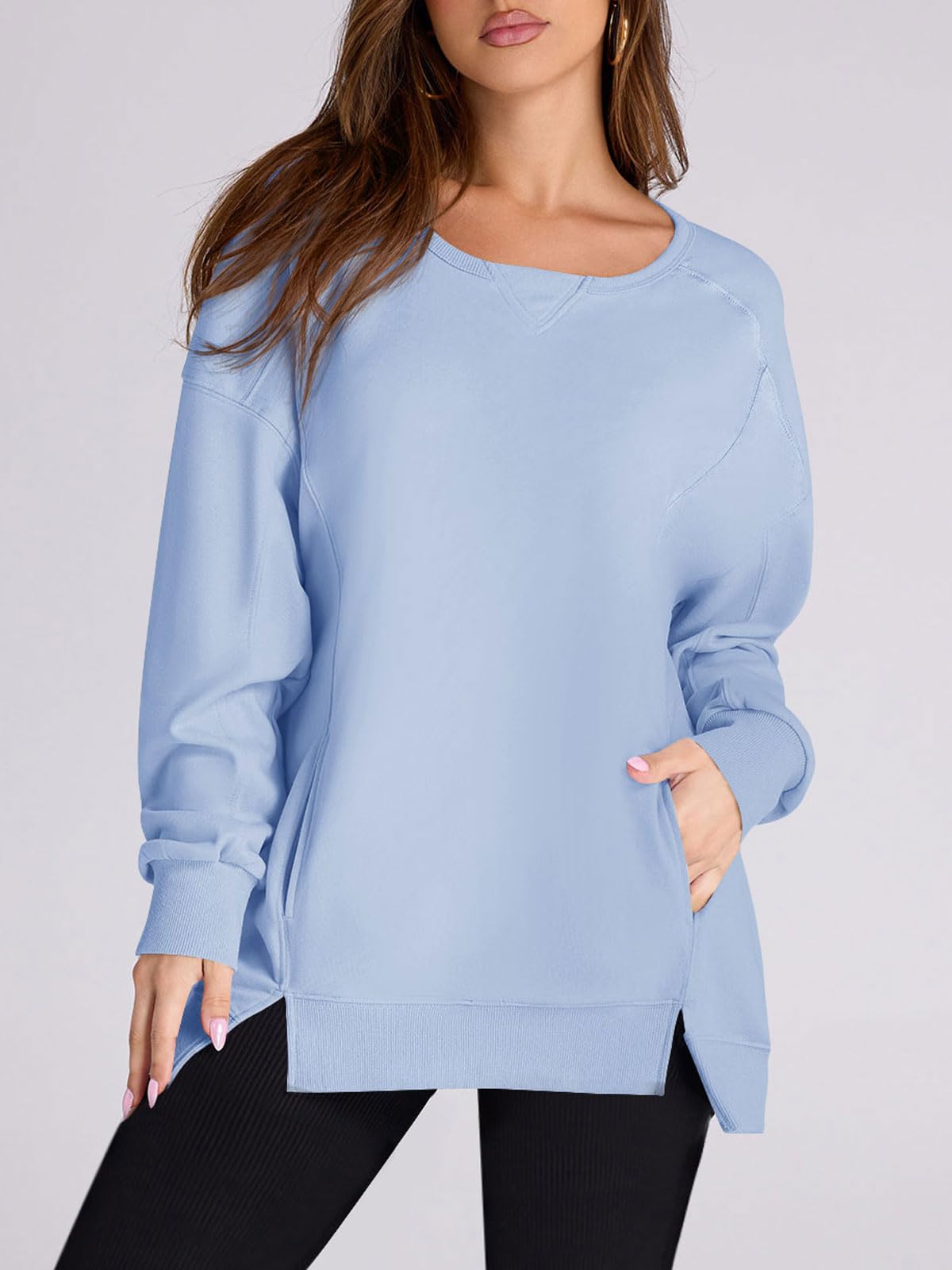 Damen High Low Pullover Sweatshirt mit Seitenschlitzen und Taschen (2 kaufen, kostenloser Versand)