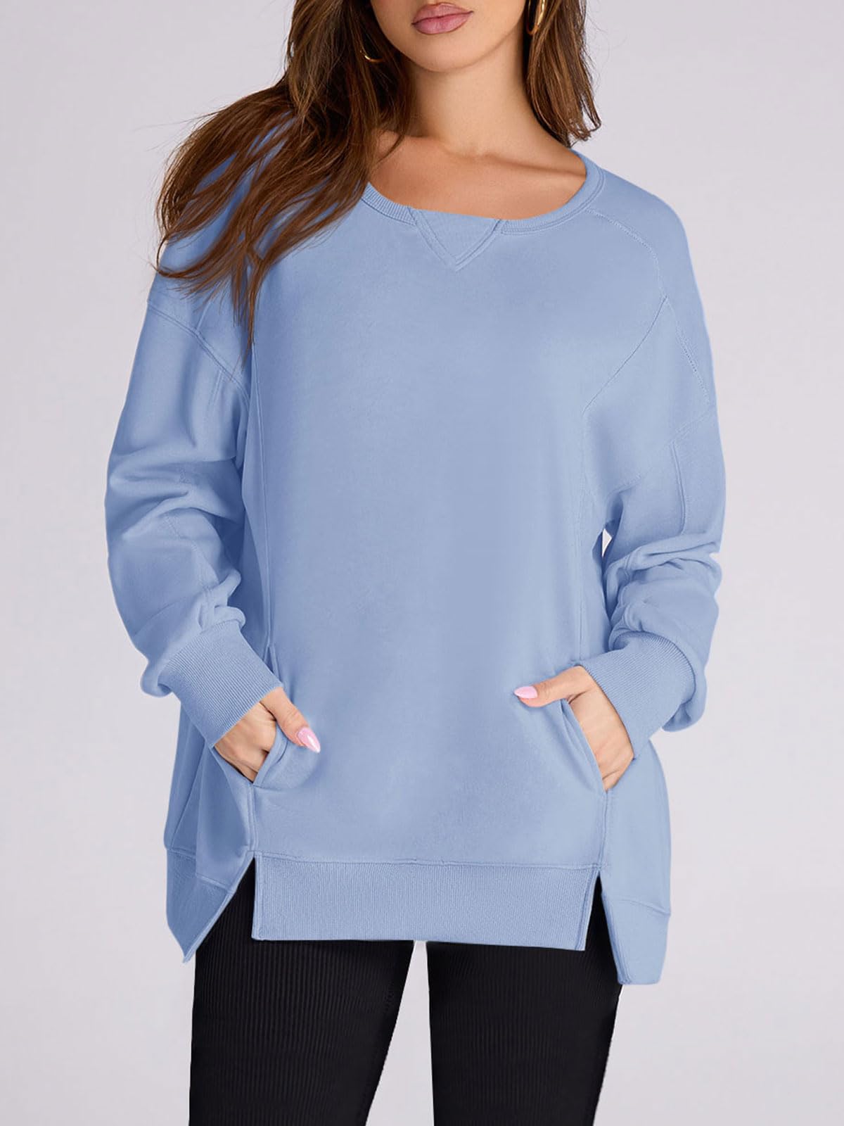 Damen High Low Pullover Sweatshirt mit Seitenschlitzen und Taschen (2 kaufen, kostenloser Versand)