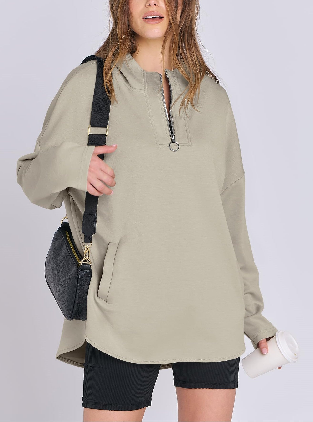 Damen Oversized Tunic Hoodie mit kurzem Reißverschluss (2 kaufen, kostenloser Versand)