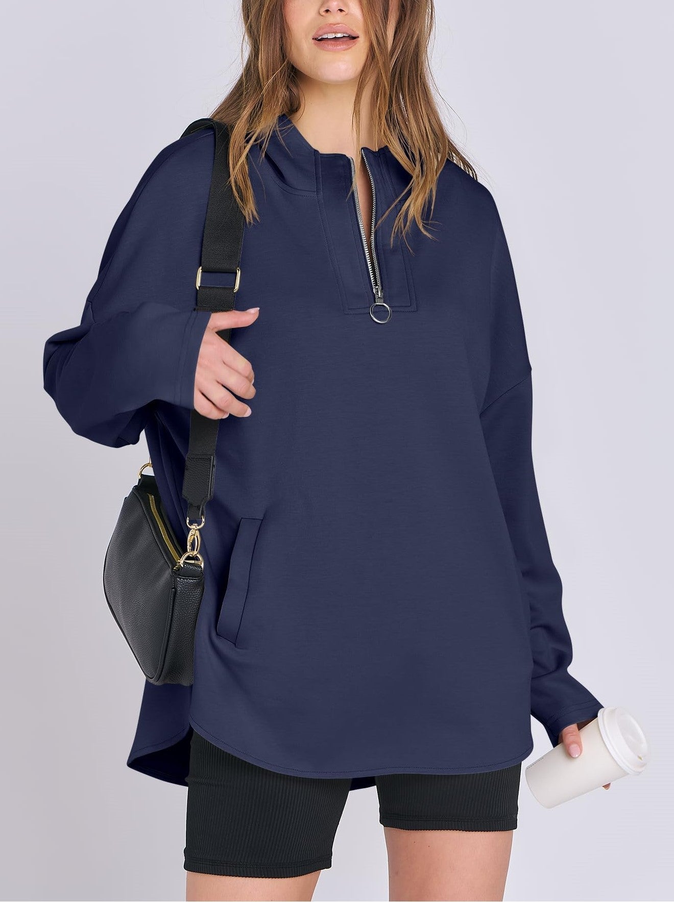 Damen Oversized Tunic Hoodie mit kurzem Reißverschluss (2 kaufen, kostenloser Versand)