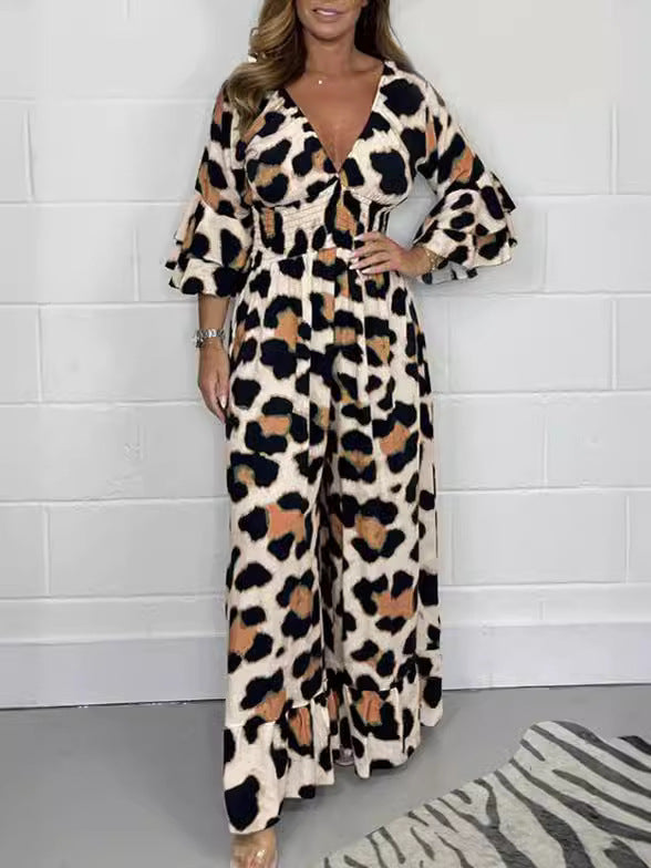 Leopardenmuster-V-Ausschnitt-Jumpsuit