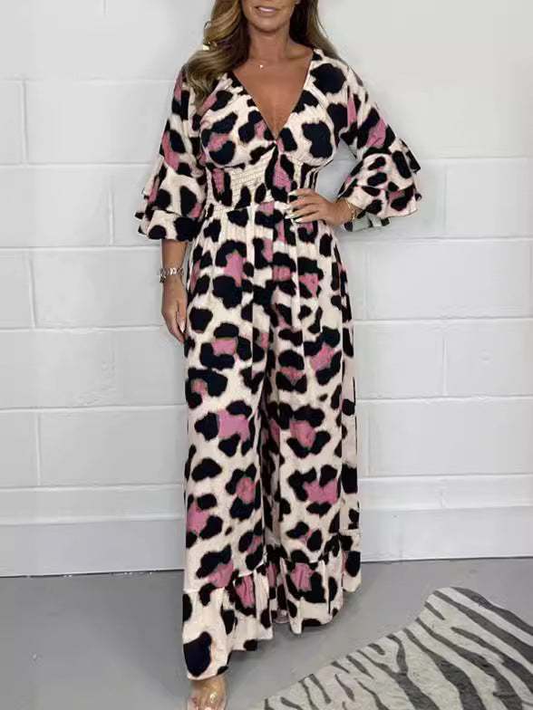 Leopardenmuster-V-Ausschnitt-Jumpsuit