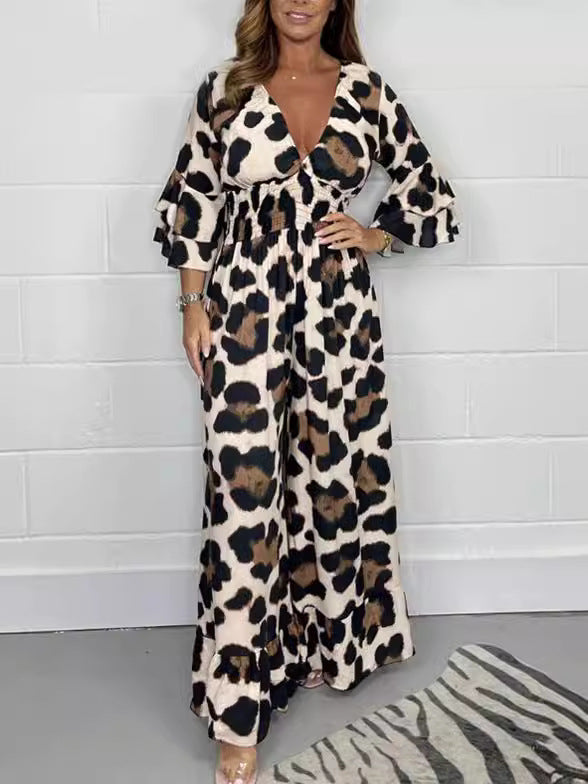 Leopardenmuster-V-Ausschnitt-Jumpsuit