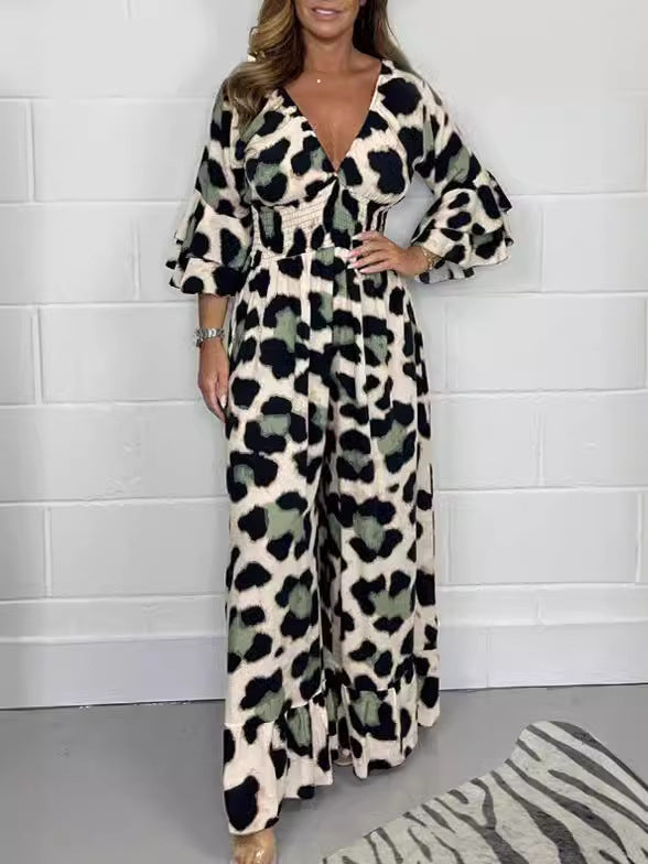 Leopardenmuster-V-Ausschnitt-Jumpsuit