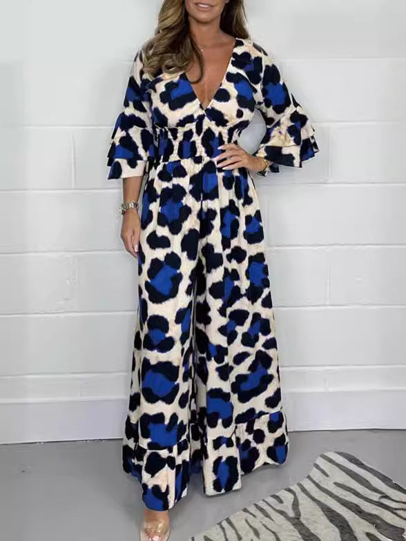 Leopardenmuster-V-Ausschnitt-Jumpsuit