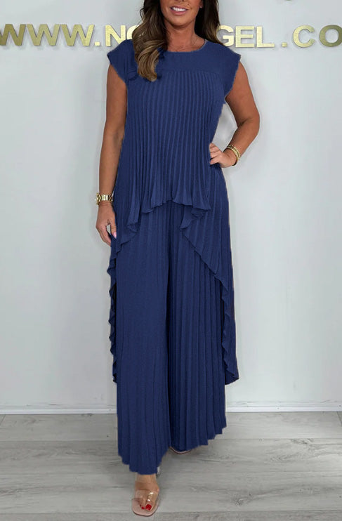 Plissiertes Zweiteiler-Set – High-Low-Oberteil & weite Hose Freizeit-Outfit