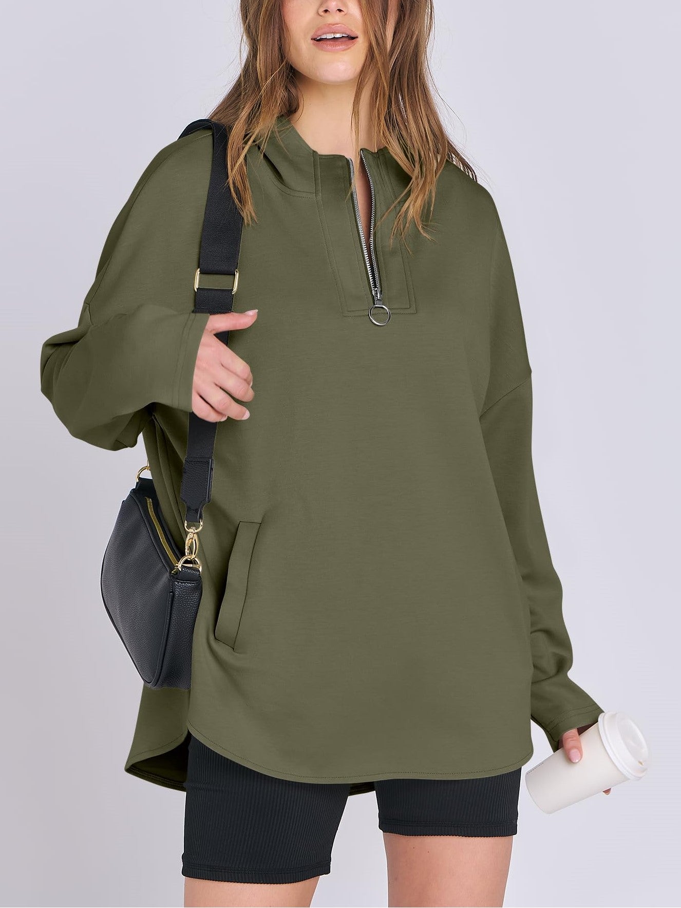 Damen Oversized Tunic Hoodie mit kurzem Reißverschluss (2 kaufen, kostenloser Versand)