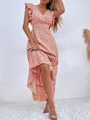 Bedrucktes Maxikleid mit Rüschenärmeln und V-Ausschnitt