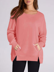 Damen High Low Pullover Sweatshirt mit Seitenschlitzen und Taschen (2 kaufen, kostenloser Versand)
