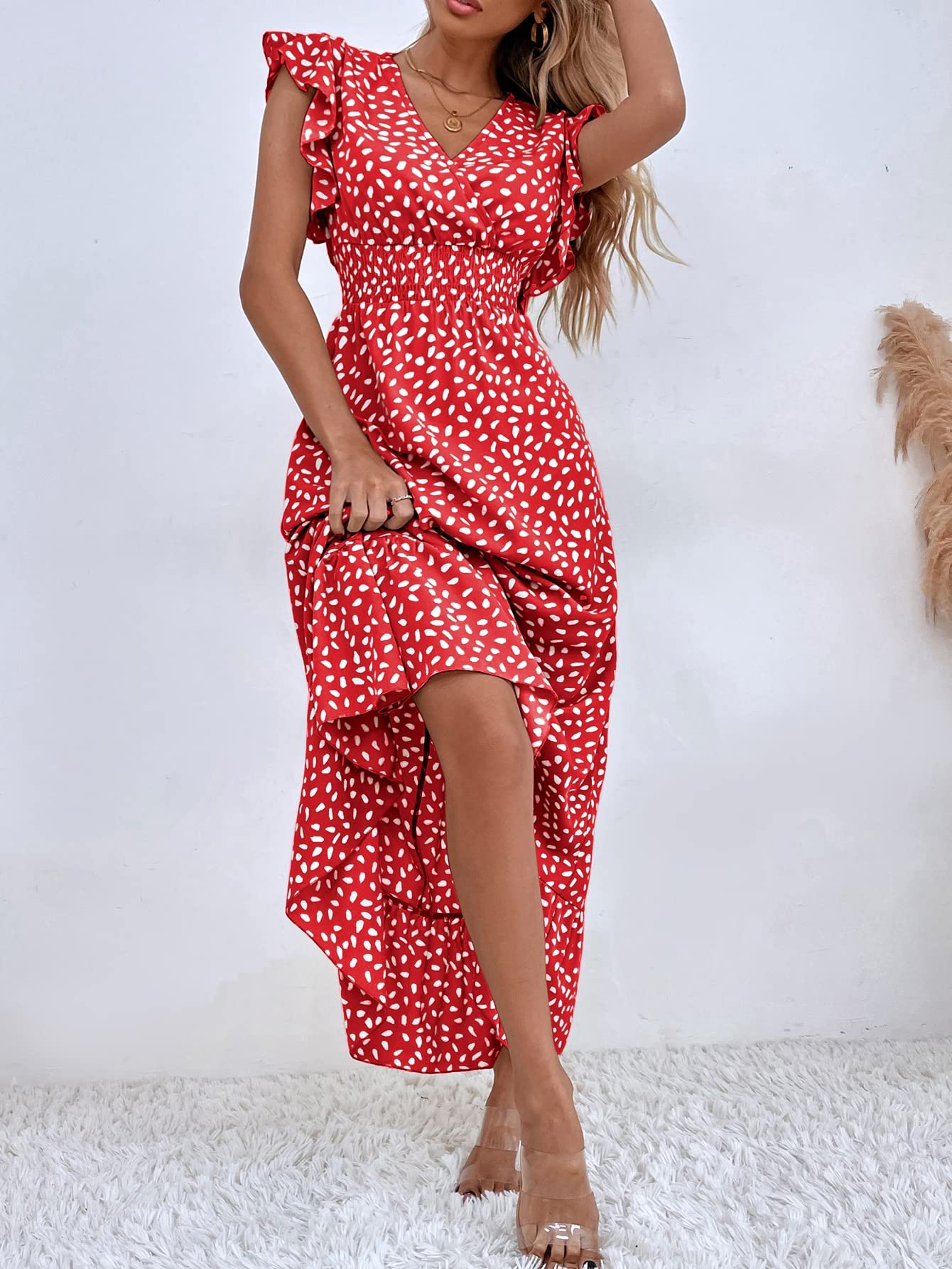 Bedrucktes Maxikleid mit Rüschenärmeln und V-Ausschnitt