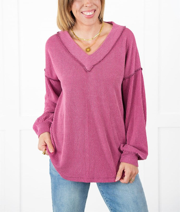 Gerippte Langarm-V-Ausschnitt-Pullover für Damen (2 kaufen, kostenloser Versand)