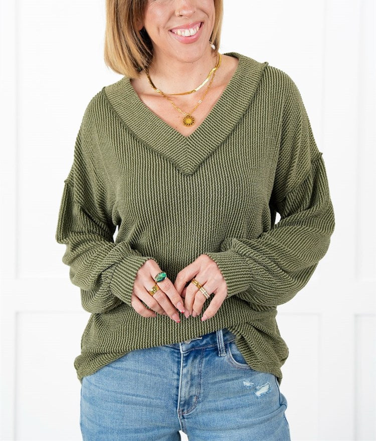 Gerippte Langarm-V-Ausschnitt-Pullover für Damen (2 kaufen, kostenloser Versand)