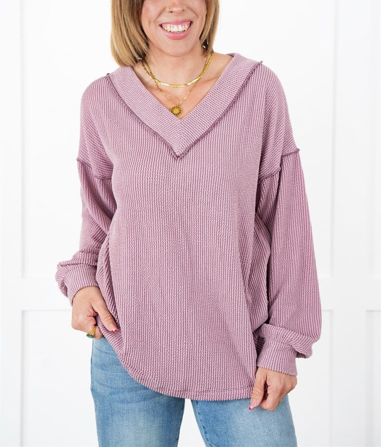 Gerippte Langarm-V-Ausschnitt-Pullover für Damen (2 kaufen, kostenloser Versand)