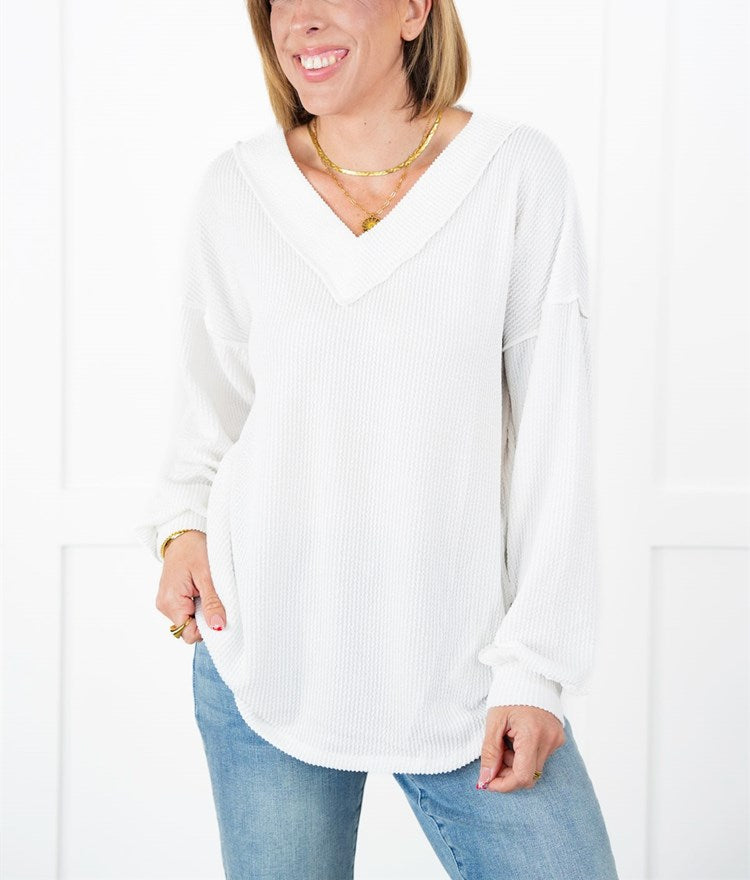 Gerippte Langarm-V-Ausschnitt-Pullover für Damen (2 kaufen, kostenloser Versand)