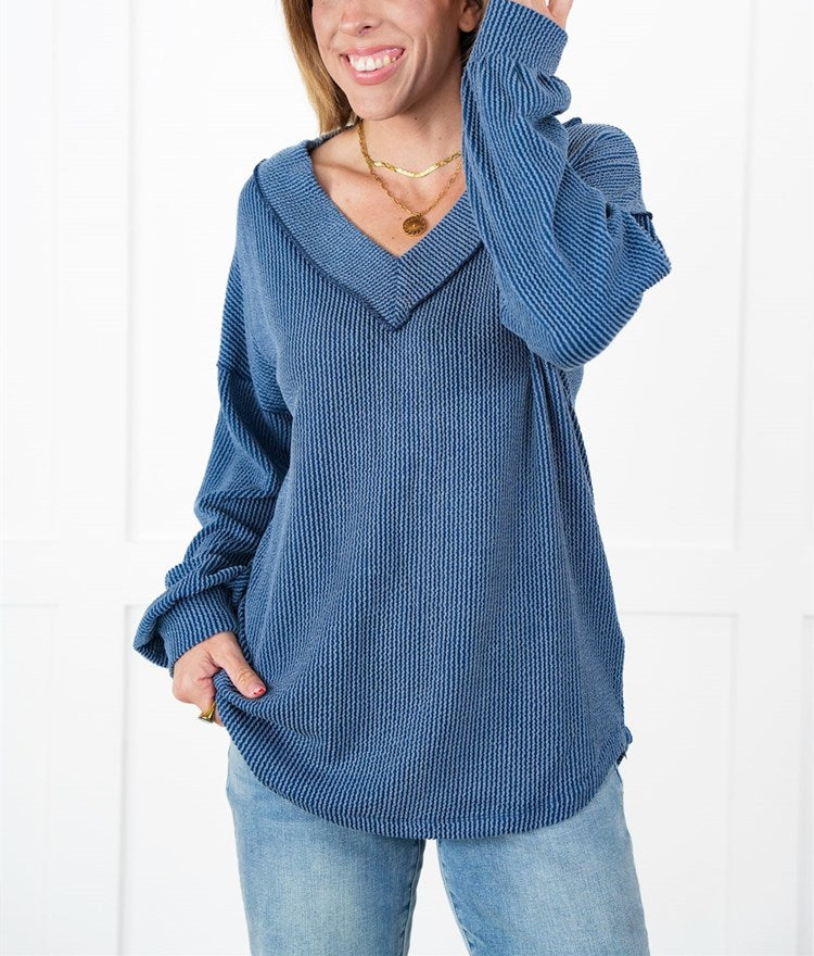 Gerippte Langarm-V-Ausschnitt-Pullover für Damen (2 kaufen, kostenloser Versand)