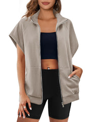 Damen Reißverschluss Ärmelloses Sweatshirt mit Taschen (2 kaufen, kostenloser Versand)