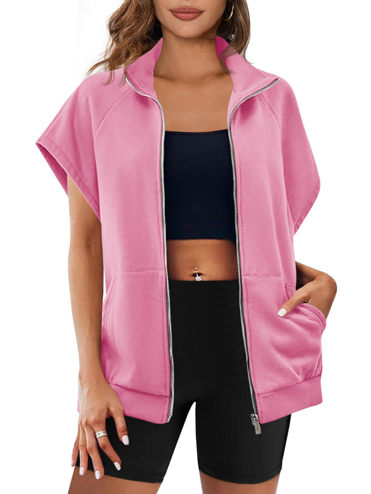 Damen Reißverschluss Ärmelloses Sweatshirt mit Taschen (2 kaufen, kostenloser Versand)