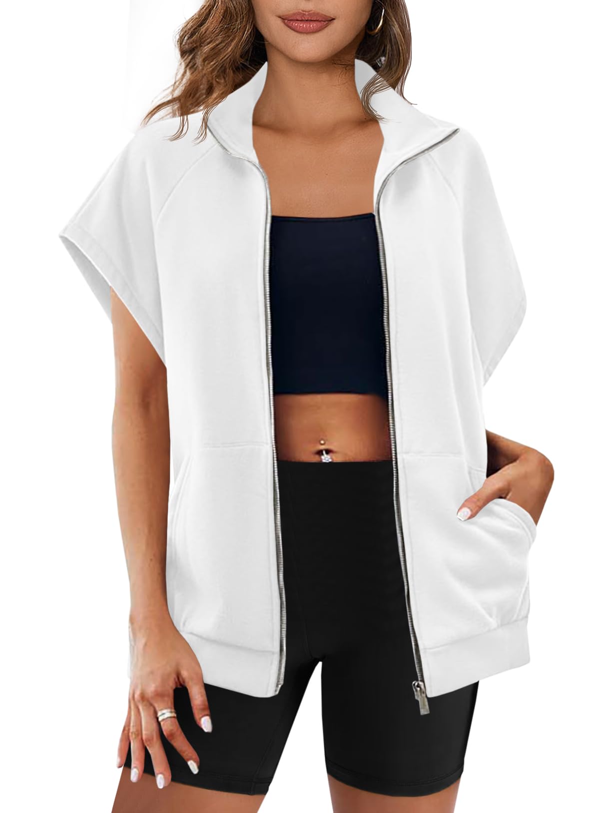 Damen Reißverschluss Ärmelloses Sweatshirt mit Taschen (2 kaufen, kostenloser Versand)