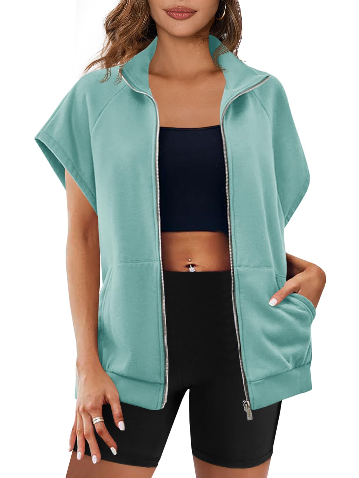 Damen Reißverschluss Ärmelloses Sweatshirt mit Taschen (2 kaufen, kostenloser Versand)