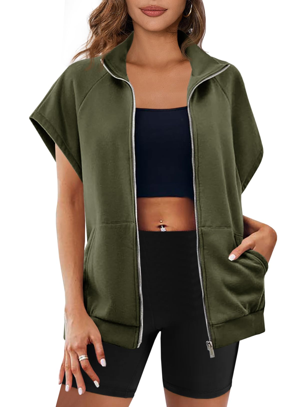 Damen Reißverschluss Ärmelloses Sweatshirt mit Taschen (2 kaufen, kostenloser Versand)