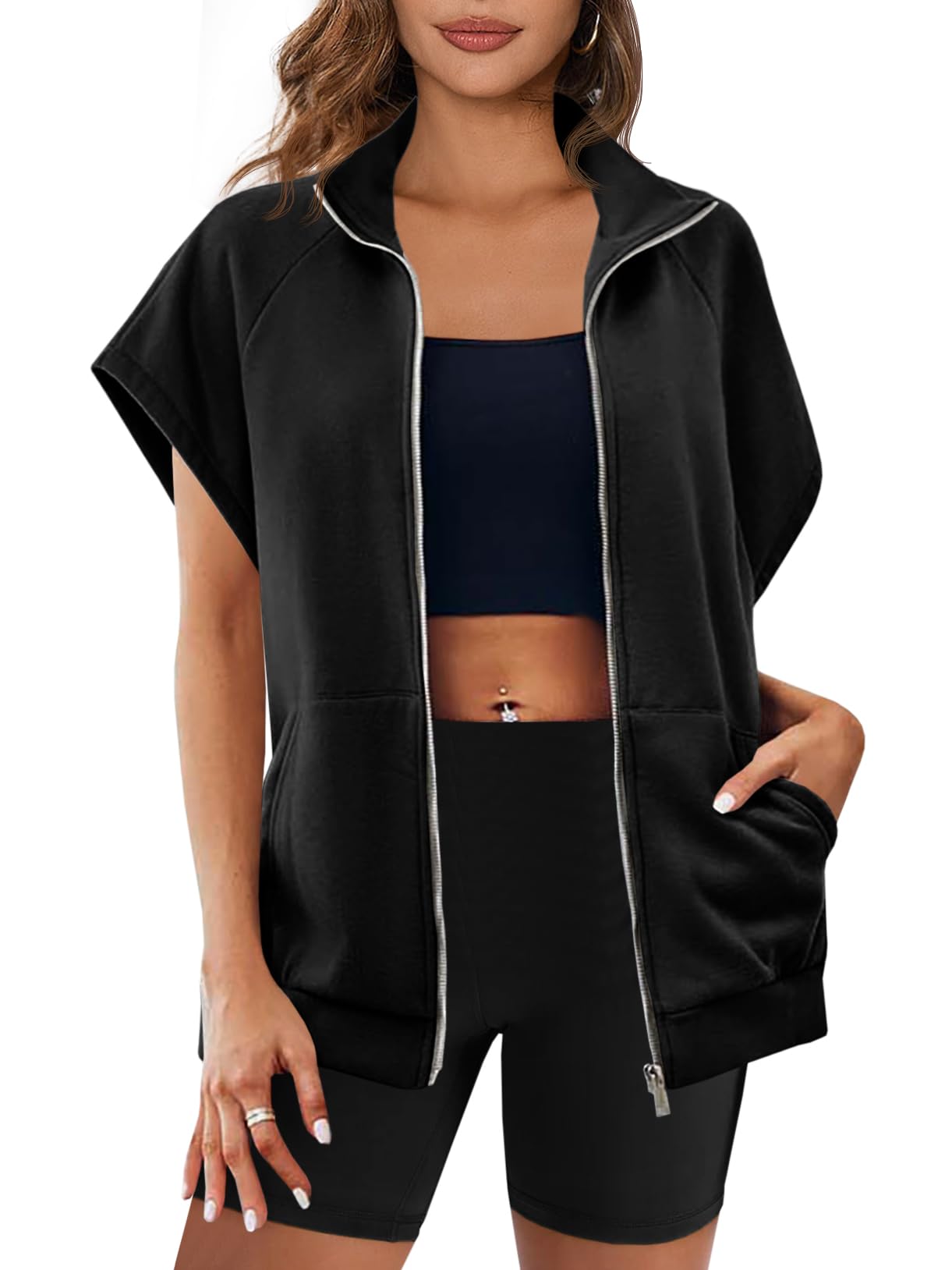 Damen Reißverschluss Ärmelloses Sweatshirt mit Taschen (2 kaufen, kostenloser Versand)