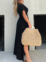 V-neck Dress With Slit And Gathered Waist (Buy 2 Free Shipping)