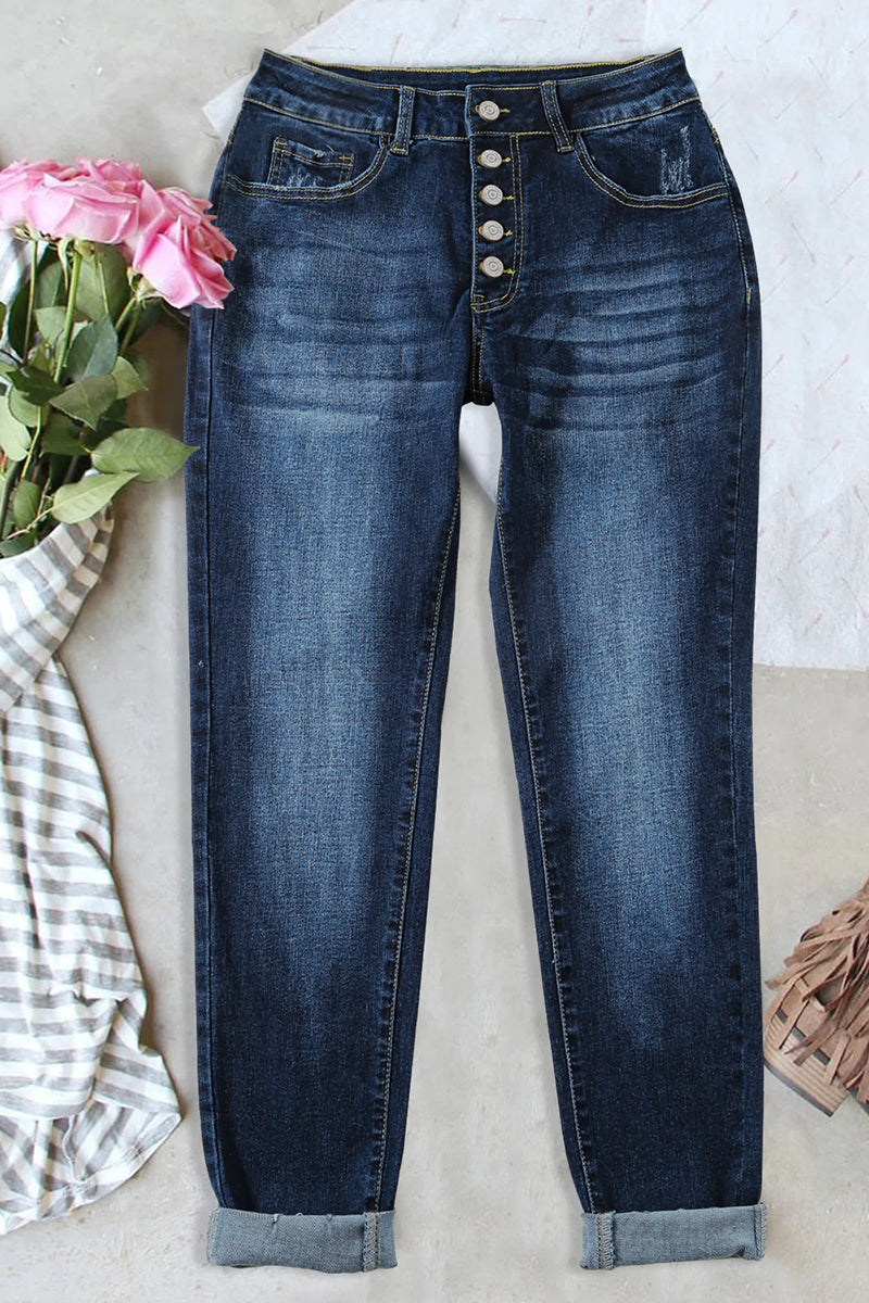 Jeans mit Knopfleiste, umkrempelbarem Saum und geradem Bein