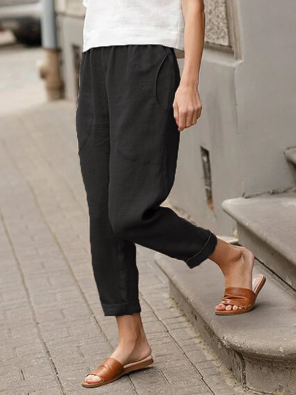 Leinen-Baumwoll-Hose für Damen, große Größen, locker geschnitten