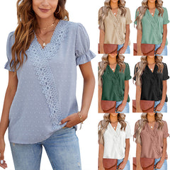 Chiffon-Ball-Spitze V-Ausschnitt Kurzarm-Shirt
