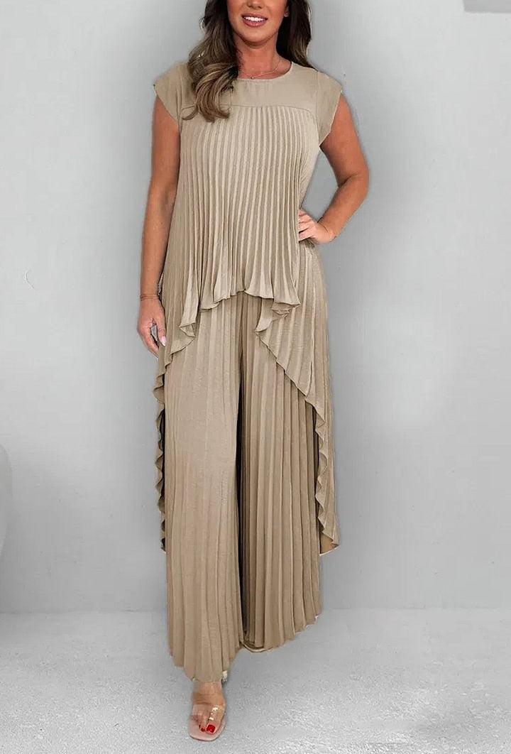 Plissiertes Zweiteiler-Set – High-Low-Oberteil & weite Hose Freizeit-Outfit