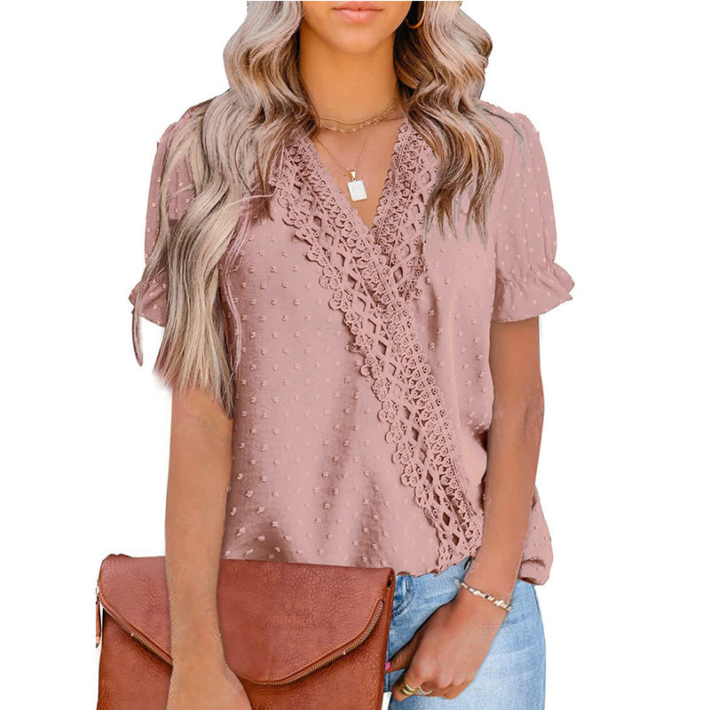 Chiffon-Ball-Spitze V-Ausschnitt Kurzarm-Shirt