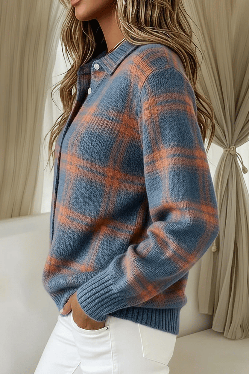 RÄUMUNGSVERKAUF🔥 Damen Karierter Print Lässiger Baumwoll-Cardigan mit Knöpfen [Kaufe 2 Versandkostenfrei]