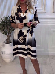 Women's Printed V-Neck Short Sleeve Loose Casual Dress