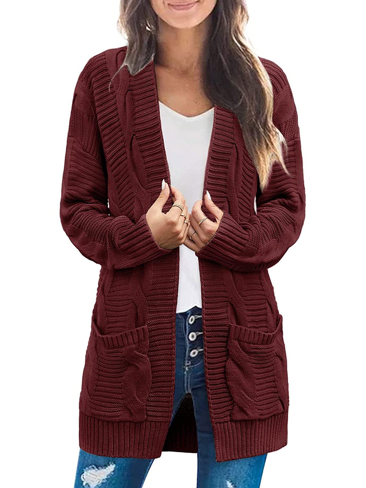 Damen Langarm Zopfstrick Cardigan Pullover