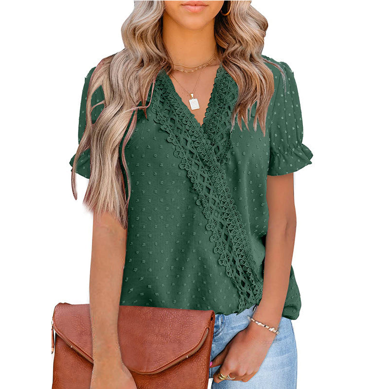 Chiffon-Ball-Spitze V-Ausschnitt Kurzarm-Shirt