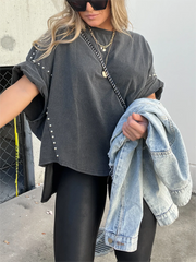 Washed Roll Sleeve Studded Oversized Short Sleeve Top  (Buy 2 Free Shipping)