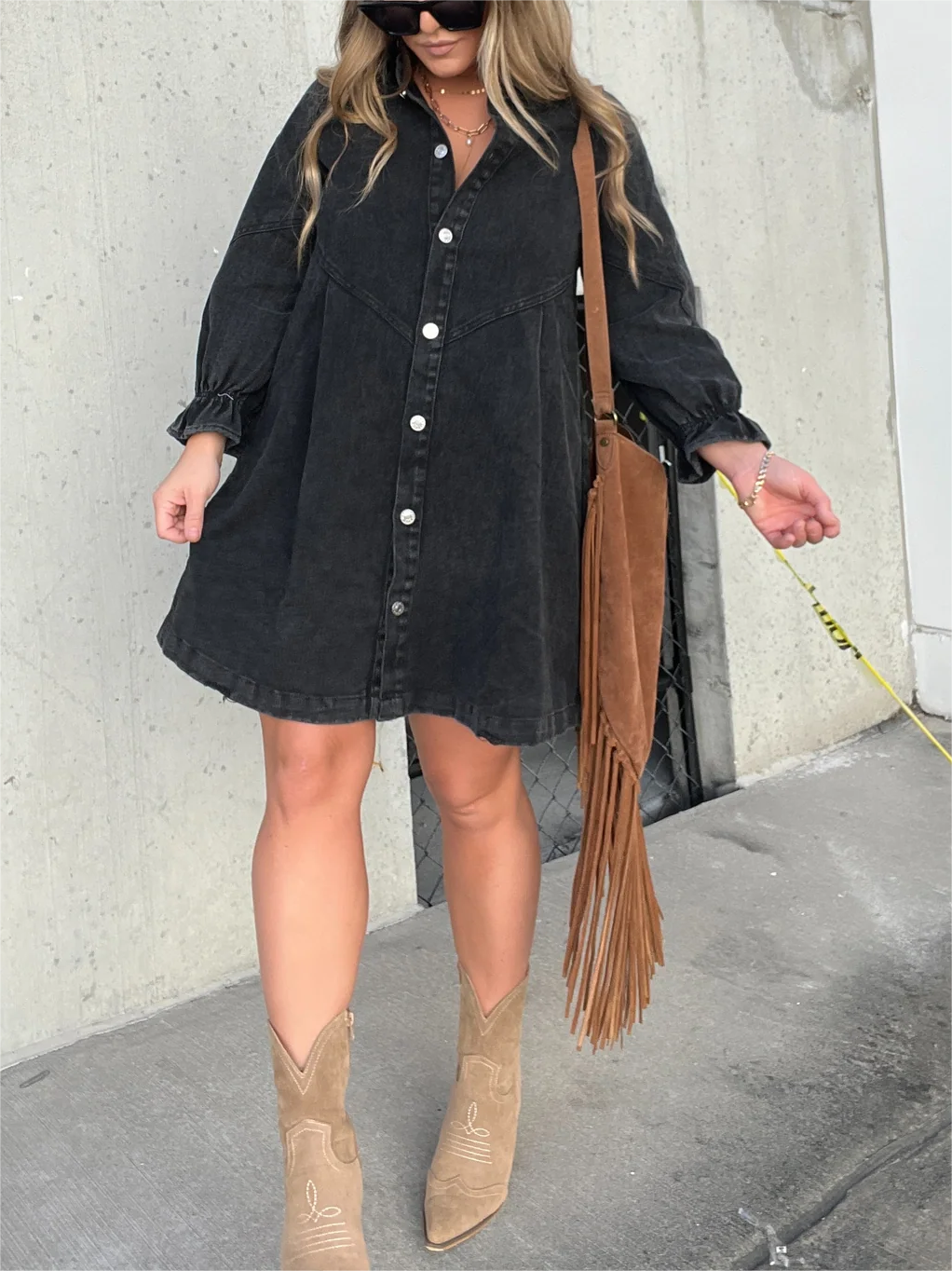 New Washed Denim Puff Sleeve Dress (Buy 2 Free Shipping)