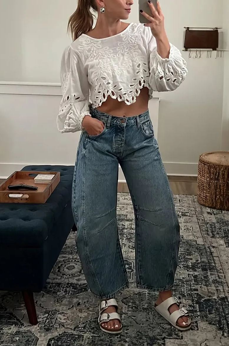 High Stretch Mid-Rise Barrel Jeans Fashion Weite Beinform (Kaufe 2, Versandkostenfrei)